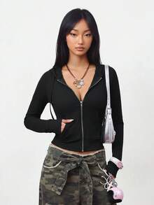 INAWLY Chaqueta con capucha de manga larga con cremallera y bolsillo delantero de unicolor para mujer, otoño - Negro - Ver 5