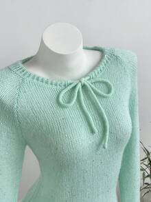 Elamini Solid Color Sequin Knit Sweater, Spring/Autumn Women's Pullover Top, Long Sleeve Bow Tie Thin Style - Mint Green - View 4