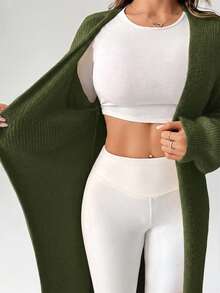 SHEIN PETITE 女款秋冬外出保暖針織開襟衫 - 軍綠色 - 查看 5