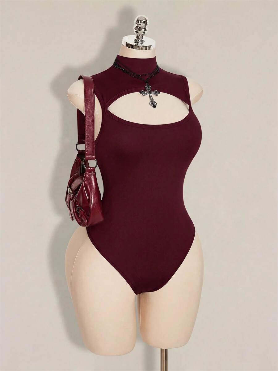 SHEIN ICON Women's Plus Size Hollow Out Solid Color Sexy Bodysuit Fall - Burgundy - View 1