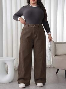SHEIN Tall CURVE 大尺碼女款休閒直筒牛仔褲 秋季 - 棕色 - 查看 7