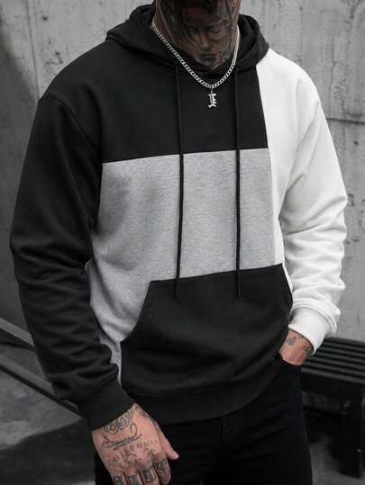 Manfinity Homme Sudadera con capucha casual de hombre con cordón y color de contraste, sudadera con capucha negra y blanca, sudaderas con capucha para hombre, sudaderas casuales para hombre