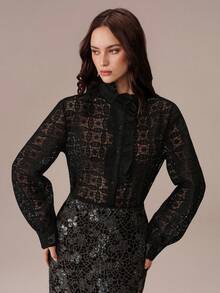 BELROSIE Blus Lengan Panjang Transparan Berenda Berlubang Bordir Mutiara Chiffon Patchwork Kerah Ruffle untuk Malam Halloween, Hitam, Musim Panas, Romantis, Elegan - Hitam - View 7