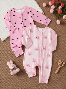 SHEIN Playful Pals 2件組新生女嬰秋冬款粉黑愛心卡通貓長袖連身衣套裝，親子套裝 - 彩色 - 查看 3