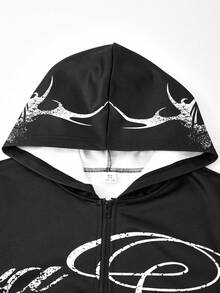 SHEIN Coolqubz 青少年男孩連帽街頭風 Y2K 字母印花運動衫，萬聖節款，秋季穿搭 - 黑色 - 查看 3