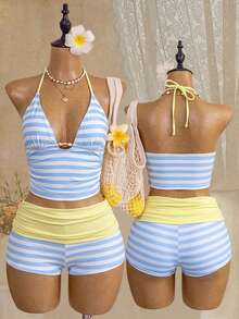 Bellisia Vintage Striped Halter V-Neck Two-Piece Swimwear, High Waist Bikini Bottom 3 Pieces Set, Beach Vacation Swimwear - Multicolor - View 1