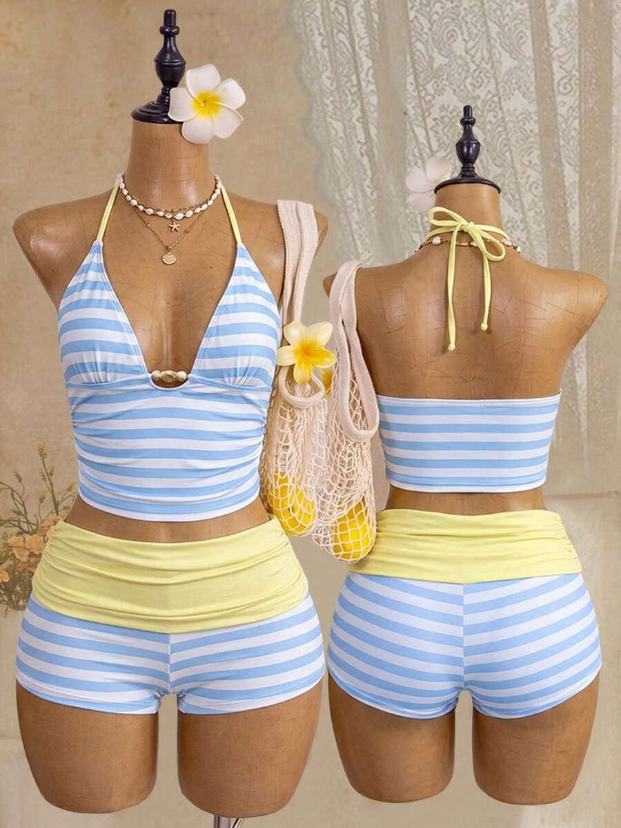Bellisia Vintage Striped Halter V-Neck Two-Piece Swimwear, High Waist Bikini Bottom 3 Pieces Set, Beach Vacation Swimwear - Multicolor - View 1