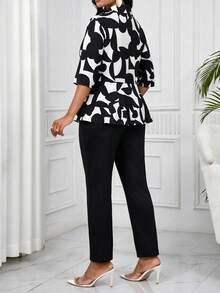 SHEIN Lady Plus Size Women's Geometric Pattern 3/4 Sleeve Jacket And Long Pants Elegant Suit 2 Pieces Set Office Dinner Formal Black And White Summer - Black and White - View 2