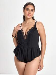 Slumbrini Plus Size Women's Eyelash Lace Patchwork Satin Robe & Nightgown 3-Piece Set - Black - View 4