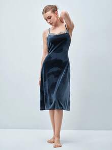Softvol Women's Sexy Lace Patchwork Velvet Backless Criss-Cross Strap Long Nightgown Velvet Dress Lace Detail Dress Blue Lingerie Dress Backless Dress - Dusty Blue - View 3