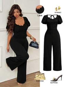Femmeverse Plus Size Women's Fashion Elegant Jacquard Fabric Lace Patchwork Lantern Short Sleeve Solid Color Jumpsuit - Black - View 1