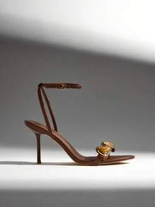 SHUZIA Sandal Hak Stiletto Bertali Pergelangan Kaki dengan Dekorasi Pita Elegan untuk Wanita - Chocolate Brown - View 7