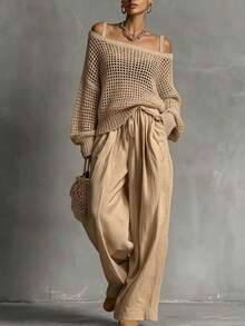 Hotletica Women's Solid Color Drop Shoulder Long Sleeve Hollow Out Loose Sweater - Khaki - View 3