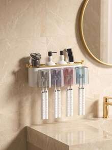 1 Set Wall Mount Toothbrush Holder With 2/3/4 Cups & Toothpaste Dispenser, Punch-Free Creative Bathroom Storage Rack, Convenient Daily Oral Care Organizer For Toothbrush, Toothpaste And Wash Supplies - Multicolor - View 10