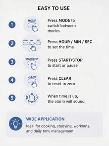 Teckwe 1pc Kitchen Timer Large LCD Display, Hours Count Down/Increment Function, Hour/Minute/Second Adjustment, One-Button Start/Stop, Clear Reset Button, Mode Switch Button, Back-To-School Essential - Multicolor - View 4