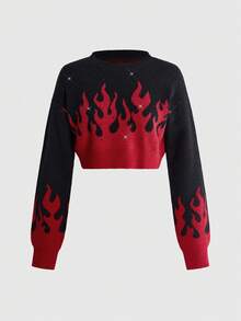 ROMWE Grunge Punk Sweater Crop Lengan Panjang Leher Bulat Berhiaskan Rhinestone dengan Motif Jacquard Api Hitam untuk Wanita - Hitam - View 1