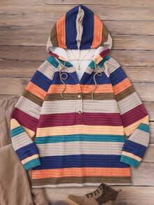Rusticease Plus Size Textured Striped Colorblock Button Half-Zip Hooded Sweatshirt - Multicolor - View 4
