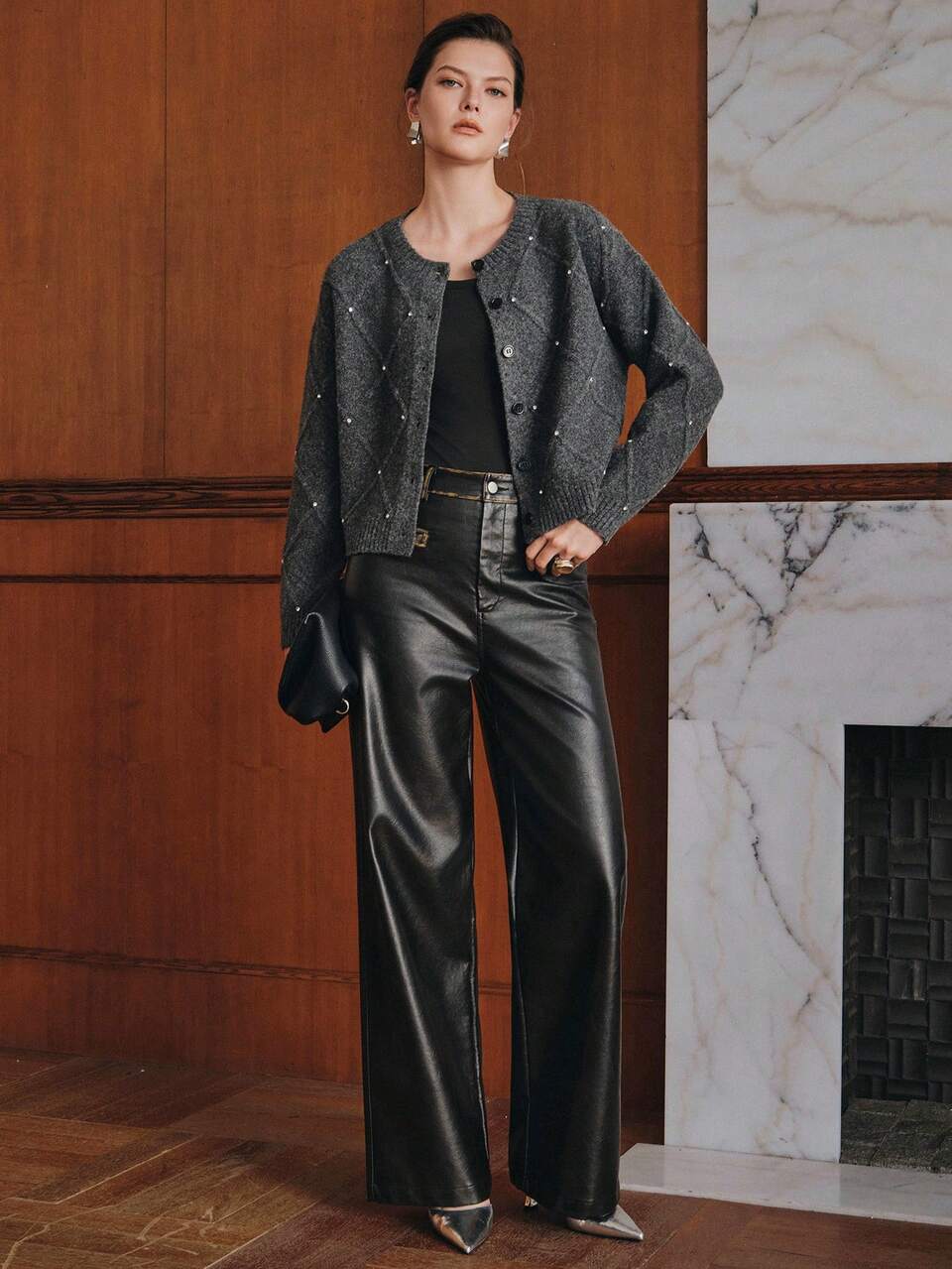 Anewsta New Argyle Rhinestone Embellished Cropped Knit Cardigan, Elegant Style Suitable For Party, Vacation, Commute & Dating, Women Daily Outwear Top