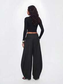 Avantive Women's Autumn/Winter Solid Color Button Front Casual Curved Leg Trousers - Black - View 3