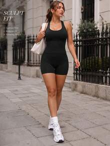 SHEIN Unity Women's Seamless Plus Size Solid Color Tank Top And Shorts Sports Set - Black - View 6