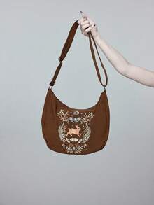ROMWE Fairycore Flower Type: 1663157 High Quality Embroidery Thread Moth Plant Rabbit Embroidery Mushroom Anti-Splashing Shoulder Underarm Oblique Span Back Computer Male And Female Students Large Capacity Commuter Travel Adjustable Dumpling Bag Brown - Brown - View 2