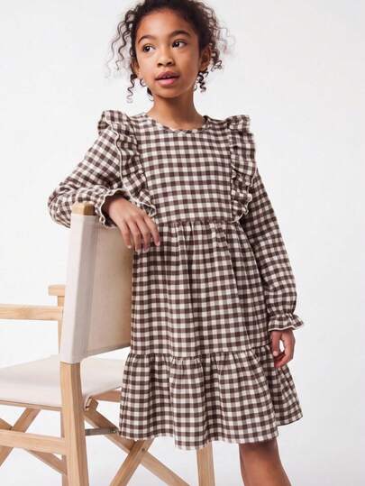 Maija Kids Maija Kids فستان قطني مخطط فضفاض وجذاب للفتيات المراهقات والتوأم، بأكمام مكشكشة وكشكشة، مناسب للارتداء اليومي والمدرسة، متناسق للأم والابنة والأخوات، مناسب للارتداء في فصلي الخريف والشتاء
