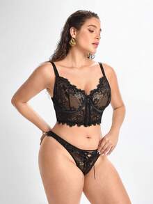 Slumbrini 2pcs Plus Size Elegant Sexy Lace Lingerie Set, Lift Gothic Lingerie Set Lace Bra Set Black Lace Bra Set - Black - View 6