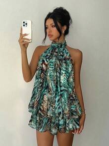 Aloruh Green Printed Mini A-Line Dress, Slimming Sexy Style - Green - View 3