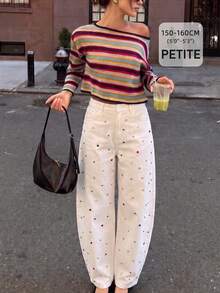 Anewsta Petite Modern Fashion White Curved Leg Trousers With Colorful Rhinestone Craftsmanship For Women - White - View 1