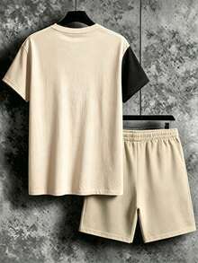 Manfinity Homme 男士休閒對比條紋印花T恤短褲套裝，夏季度假款 - 彩色 - 查看 3