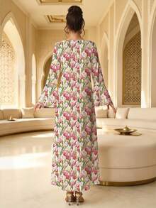 Al Najma 女款優雅端莊V領荷葉袖大裙擺洋裝，花卉圖案印花，保守風聚酯纖維材質，白色冬季款 - 粉色 - 查看 2