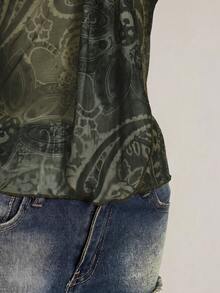 SHEIN ICON 女款佩斯利印花 Y2K 復古抓皺細肩帶背心上衣 - 軍綠色 - 查看 11