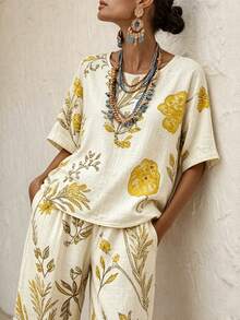 Balvessa Bohemian Boho Style Elegant Linen 2 Pieces Set Round Neck Design Long Pants Digital Print Brunch Vacation Beige Summer - Khaki - View 6