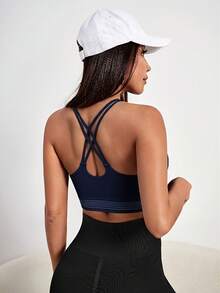 SHEIN Women's Striped Pleated Criss-Cross Back Sports Bra - Navy Blue - View 4