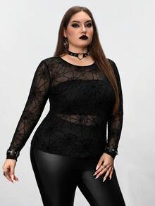 SHEIN CURVE+ 大尺碼女款黑色蜘蛛網圖案透視上衣，萬聖節 - 黑色 - 查看 6