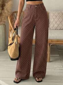 DAZY Women's Pocket Button Casual Vintage Versatile Daily Outing Autumn Vacation Date Brown And White Polka Dot Pants - Brown - View 1