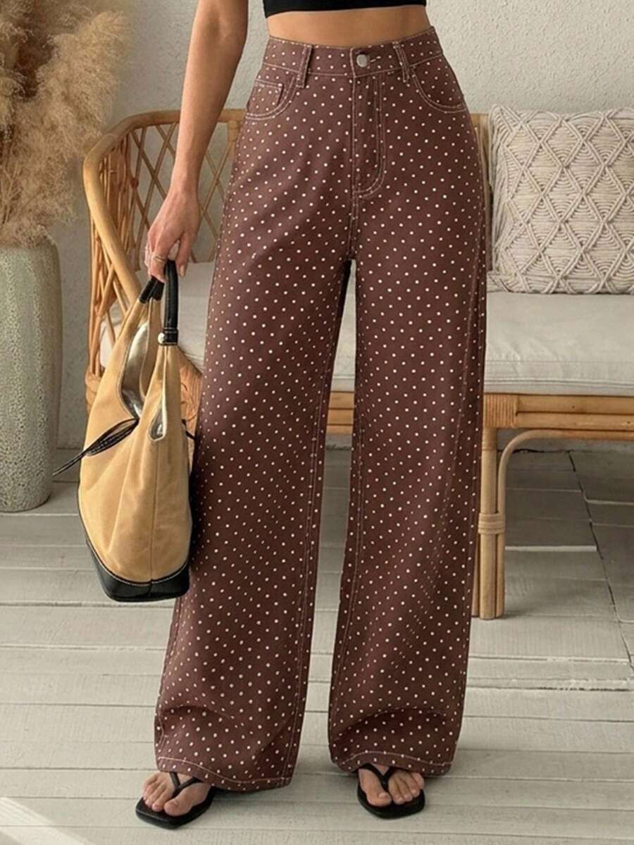 DAZY Women's Pocket Button Casual Vintage Versatile Daily Outing Autumn Vacation Date Brown And White Polka Dot Pants - Brown - View 1