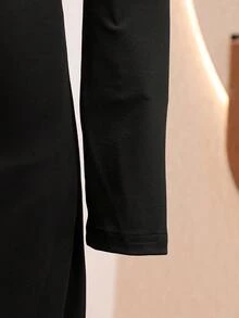 Teen Girl Solid Color Asymmetric Neck Long Sleeve Contrast Lace Pleated Dress - Black - View 4