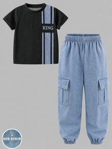 2pcs Set Striped & King Print Black And Blue Contrast Color Versatile Fashionable Comfortable Crew Neck Short Sleeve T-Shirt And Black Jogger Cargo Pants Outfit Suitable For All Seasons - Multicolor - View 2