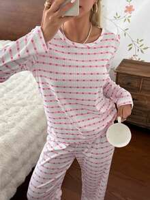 CottageSlumber Minimalist Casual Ribbed Texture Heart Print Long Sleeve Long Pants Loungewear Set - Pink - View 8