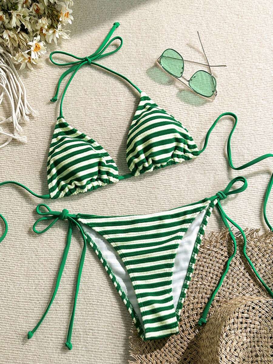 Swim Mod Women's Summer Beach Striped Halter Tie Sexy Bikini Swimsuit Set Beachwear Mint Green - Green - View 1