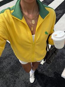 Muchica 女款休閒街頭風拼色拉鍊連帽衛衣 秋冬戶外穿著 巴西配色 2026世界盃綠黃色 - 彩色 - 查看 3