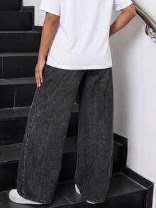 SHEIN Tween Girl Elastic Waist Wide Leg Black Denim Loose Long Pants Y2k Graduation - Black - View 8