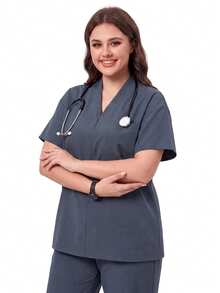 TaskEZ Dark Gray Drop Shoulder Short Sleeve Front Pocket V-Neck Loose Minimalist Comfortable Plus Size Scrub Top - Grey - View 1