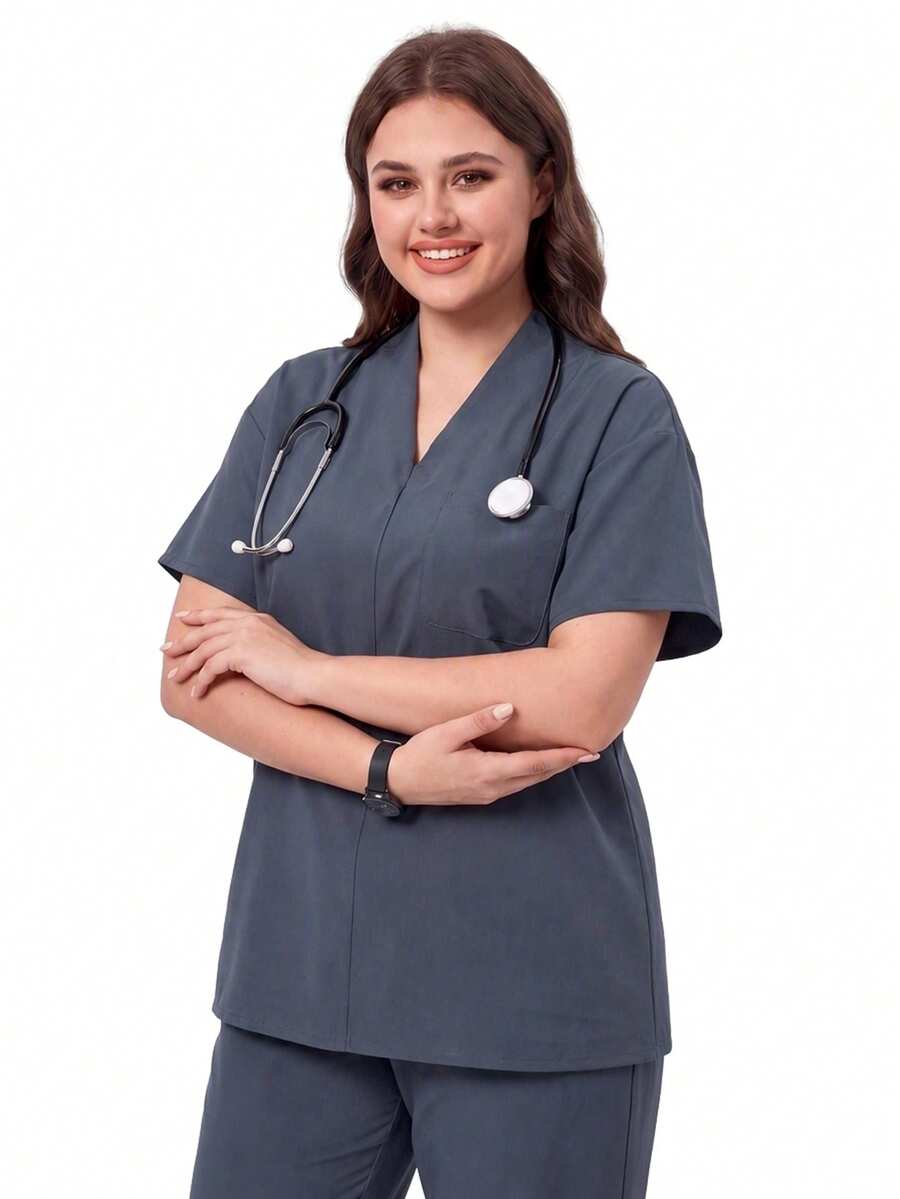 TaskEZ Dark Gray Drop Shoulder Short Sleeve Front Pocket V-Neck Loose Minimalist Comfortable Plus Size Scrub Top - Grey - View 1