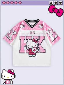 HELLO KITTY AND FRIENDS | ROMWE تي شيرت جيرسي بقصة فضفاضة وطبعة مشتركة العلامة التجارية بأسلوب رياضي Y2K للفتيات - وردي - مشاهدة 1