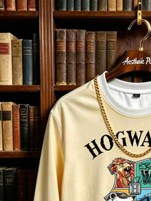 HARRY POTTER X SHEIN Aesthetic Post Men's Letter Print Crew Neck Long Sleeve Casual T-Shirt - Multicolor - View 5