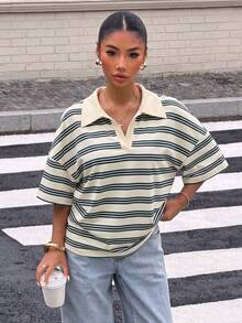 Muchica 女款條紋落肩寬鬆休閒百搭T恤 - 白色 - 查看 4