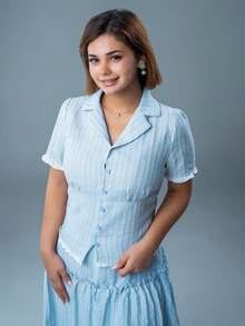 SARA VAULT Spring & Summer Lace Patchwork Loose Casual Textured Pleated Plaid Vacation Beach Cardigan Crop Top And Flared Skirt 2-Piece Set For Women Elegant - Blue - View 7