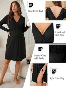 Slowluna Maternity Solid Color Long Sleeve Maternity Dress - Black - View 1